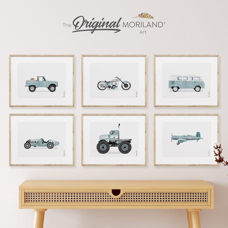 Pale Blue Vehicles Art Prints - Printable Set of 6, Car Prints for Boys Room, Pet Loss Gift, Pet Portrait, Motorcycle, Airplane, Goldendoodle Dog Poster, Dog Wall Art Gift, Boy Nursery Ideas, Boy Nursery Decor, Bronco, Van, Race Car | MORILAND®