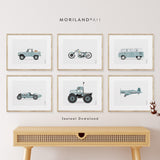 Set of 6 vintage-style transportation art prints for a boys' nursery, featuring a pale blue watercolor truck with Goldendoodle puppies, a classic airplane, a tractor, and a motorcycle. Shown in a realistic American-style bedroom with a brown leather chair and a navy blue bunk bed.