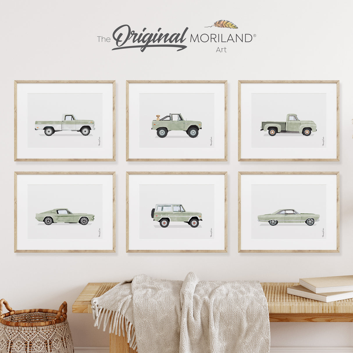 Sage Green Classic Cars Art Prints - Printable Set of 6, Boy Wall Decor, Labrador Retriever, Pet Portrait, Pet Memorial Gift, Dog Wall Art, Transportation Poster, Boy Nursery Decor, Surf, Back to School Gift, Old Truck Print, Classic Sports Car Print, Kids Poster | by MORILAND