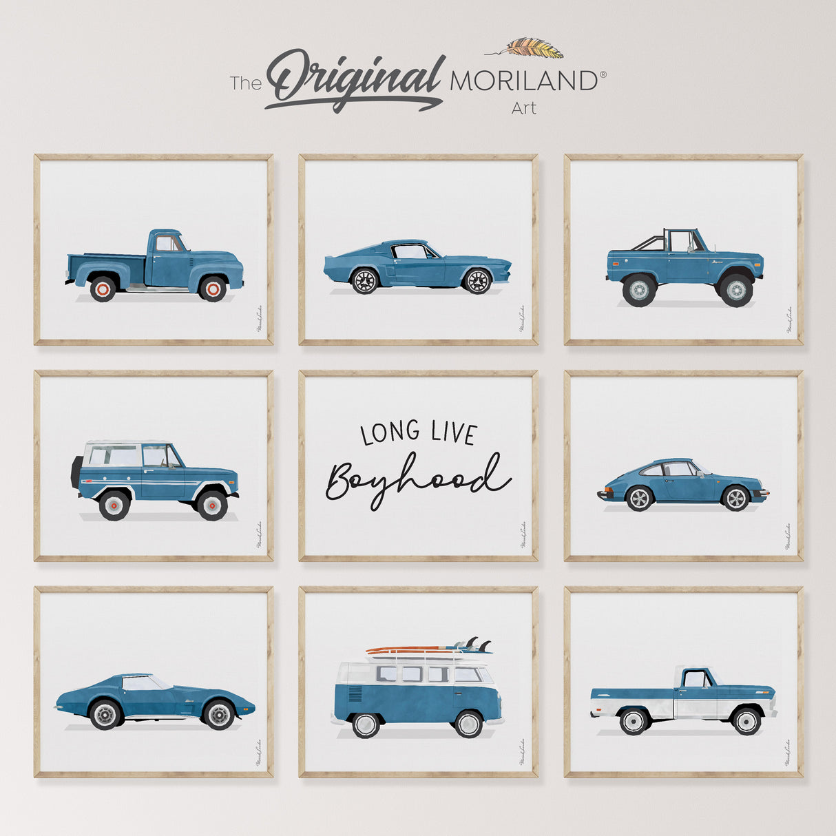 Vintage Blue Classic Cars & Long Live Boyhood - Printable Set of 9, Porsche 911, Ford Truck, Ford Mustang, Chevy, Bronco, For F-100