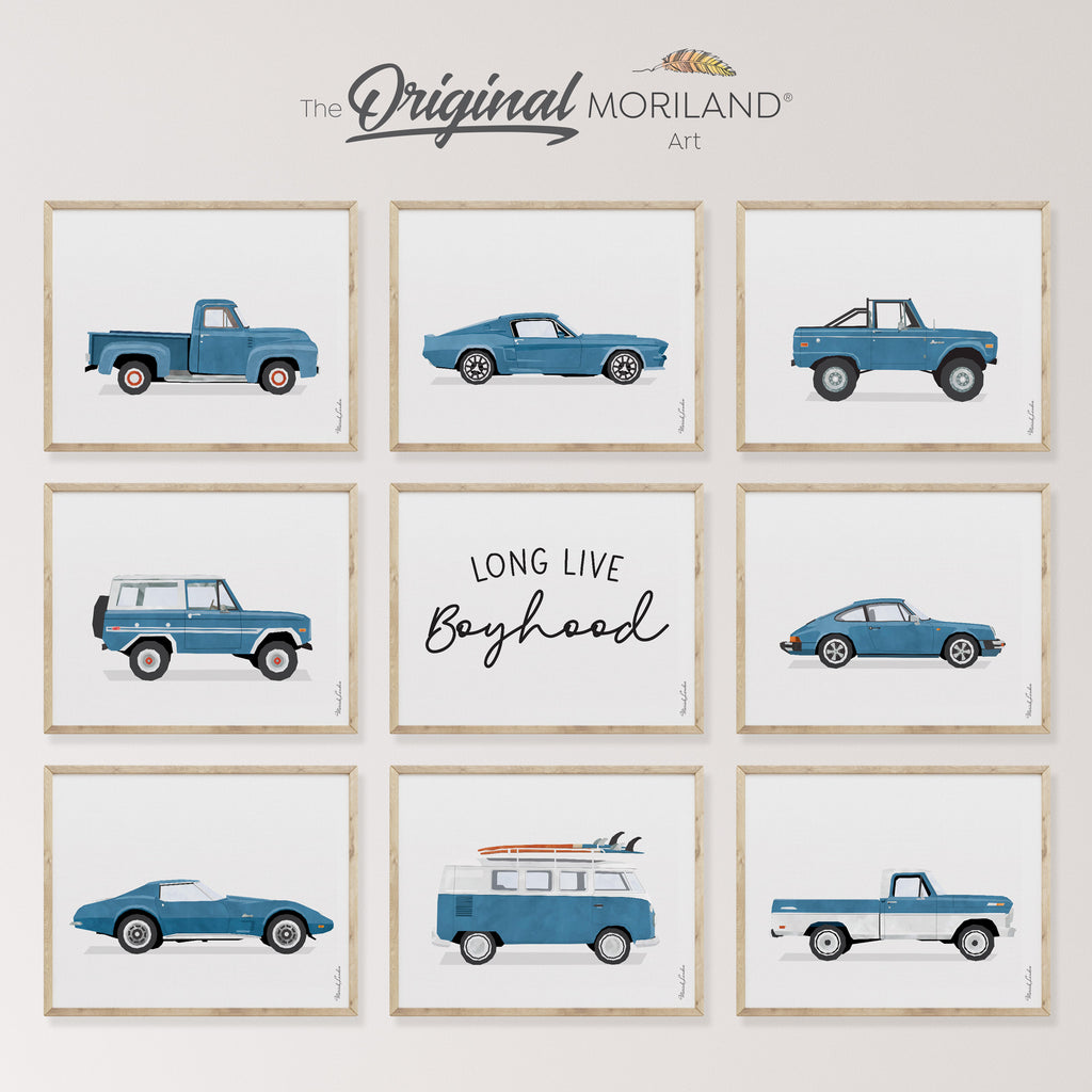 Vintage Blue Classic Cars & Long Live Boyhood - Printable Set of 9, Porsche 911, Ford Truck, Ford Mustang, Chevy, Bronco, For F-100