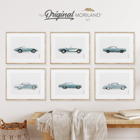 Pale Blue Classic Cars Art Prints - Printable Set of 6, Car Poster, Boy Nursery Decor, Car Prints, Chevrolet, Chevy, Corvette, Camaro, Bel Air, Nova