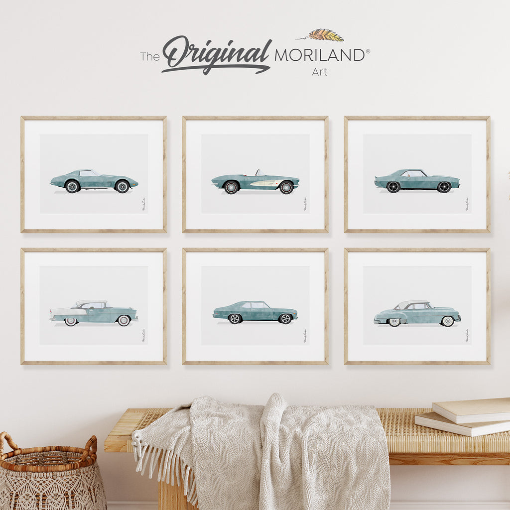 Pale Blue Classic Cars Art Prints - Printable Set of 6, Car Poster, Boy Nursery Decor, Car Prints, Chevrolet, Chevy, Corvette, Camaro, Bel Air, Nova
