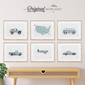 Set of 6 printable art pieces by MORILAND® featuring a pale blue US map, vintage trucks with dogs, and classic racing cars. Complete Freedom 250 and USA 250 nursery gallery wall set.