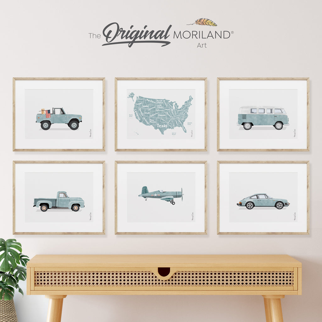 Pale Blue US Map & Cars Art Prints, Car Prints for Boys Room, Boy Nursery Décor, US Map Poster, US Flag, 4th Of July Decorations, Golden Retriever Gift, Pet Loss Gift, Pet Memorial Drawing | MORILAND®