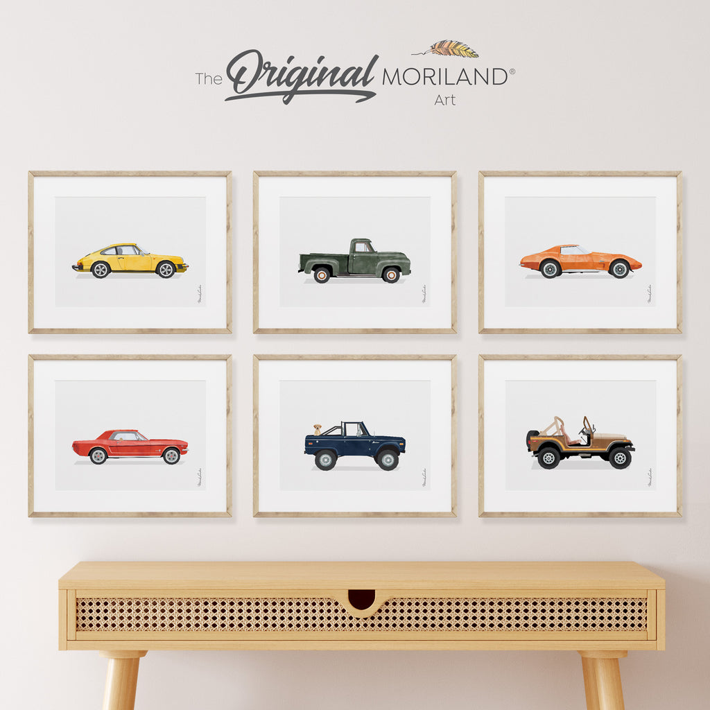 Classic & Vintage Car Art Prints - Printable Set of 6, Classic Bronco with Labrador Retreiver, Porsche 911, Chevy, Ford Mustang, Open Jeep 