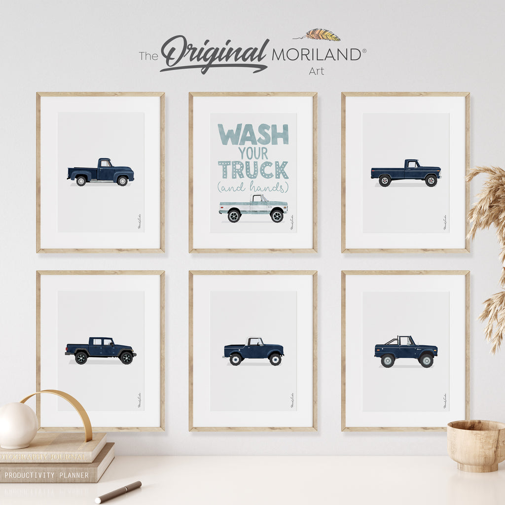 Navy & Pale Blue Classic Cars Art Prints | Vertical - Printable Set of 6 - LAND156, Car Prints for Boys Room, Nursery Décor, Wash Your Hands Sign, Vehicle Toddler Bedroom Décor, Gift for Him | MORILAND®. Bronco, Chevy, Chevrolet, International Scout, Ford Truck