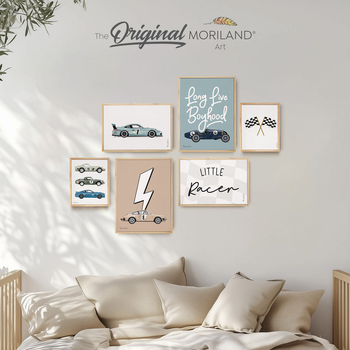 Set of 6 framed race car wall art prints featuring sports cars, checkered flags, racing signs, and a “Long Live Boyhood” quote – perfect for boys’ room decor