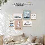 Set of 6 framed race car wall art prints featuring sports cars, checkered flags, racing signs, and a “Long Live Boyhood” quote – perfect for boys’ room decor