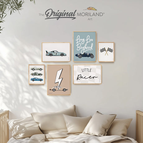 Set of 6 framed race car wall art prints featuring sports cars, checkered flags, racing signs, and a “Long Live Boyhood” quote – perfect for boys’ room decor