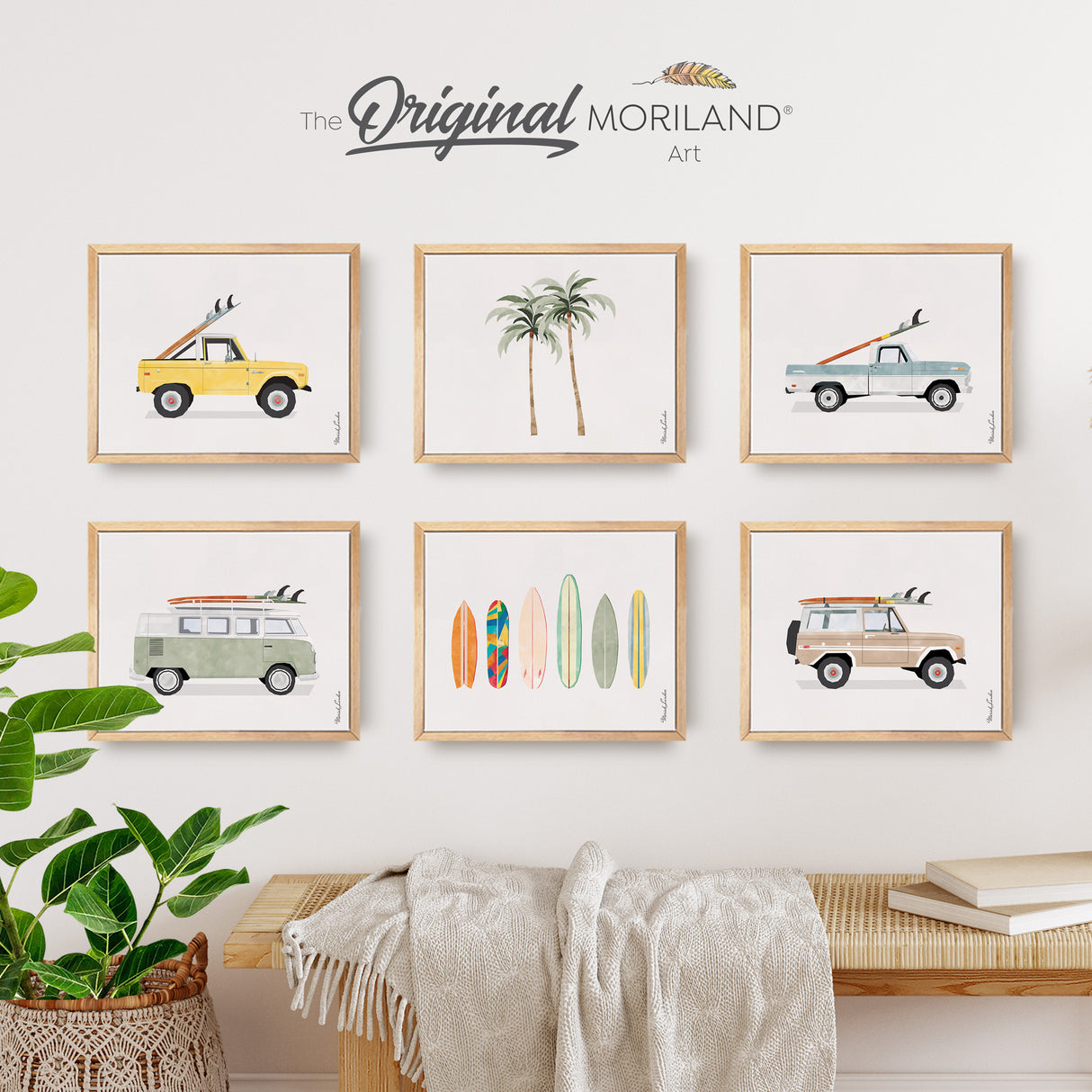 Set of 6 framed canvas prints featuring a vibrant mix of surf culture and classic cars, perfect for adding a cool, retro vibe to any room.