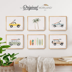 A 6-piece gallery set of framed canvas prints featuring vintage surfboards, classic woodie wagons, and beach vibes, perfect for coastal-themed home decor.