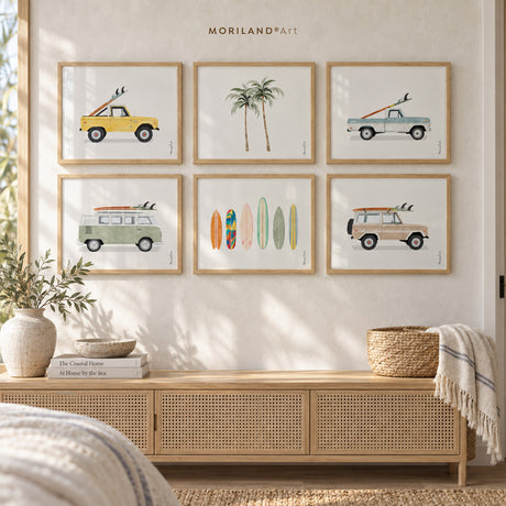 Set of six surf car wall art prints with vintage vehicles, surfboards and palm trees in a coastal room