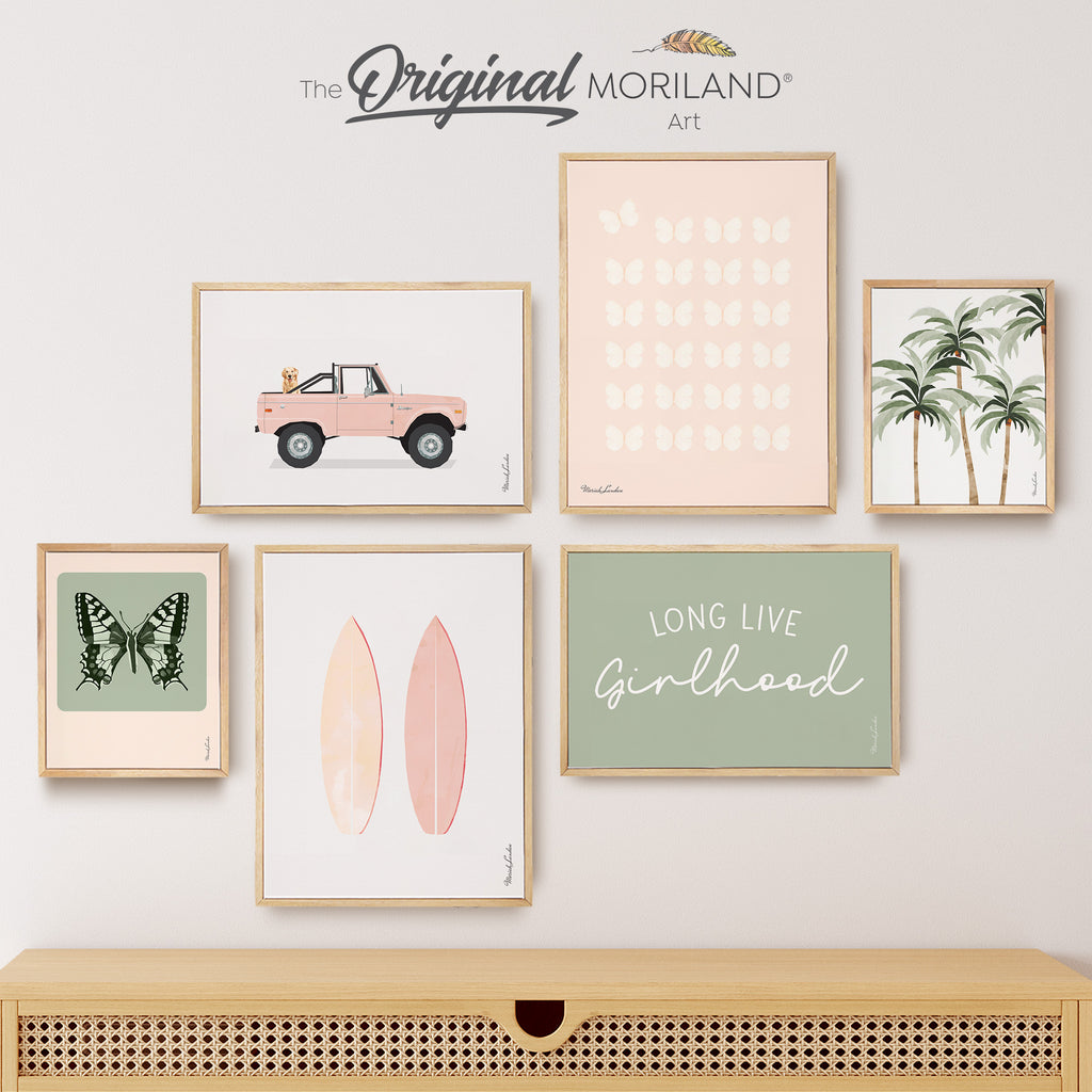 Surf Vibes in Pink and Sage Green Art Prints - Printable Set of 6 - LAND167, Butterflies, Surfboards, Golden Retriever, Palm Trees wall art for girls room décor