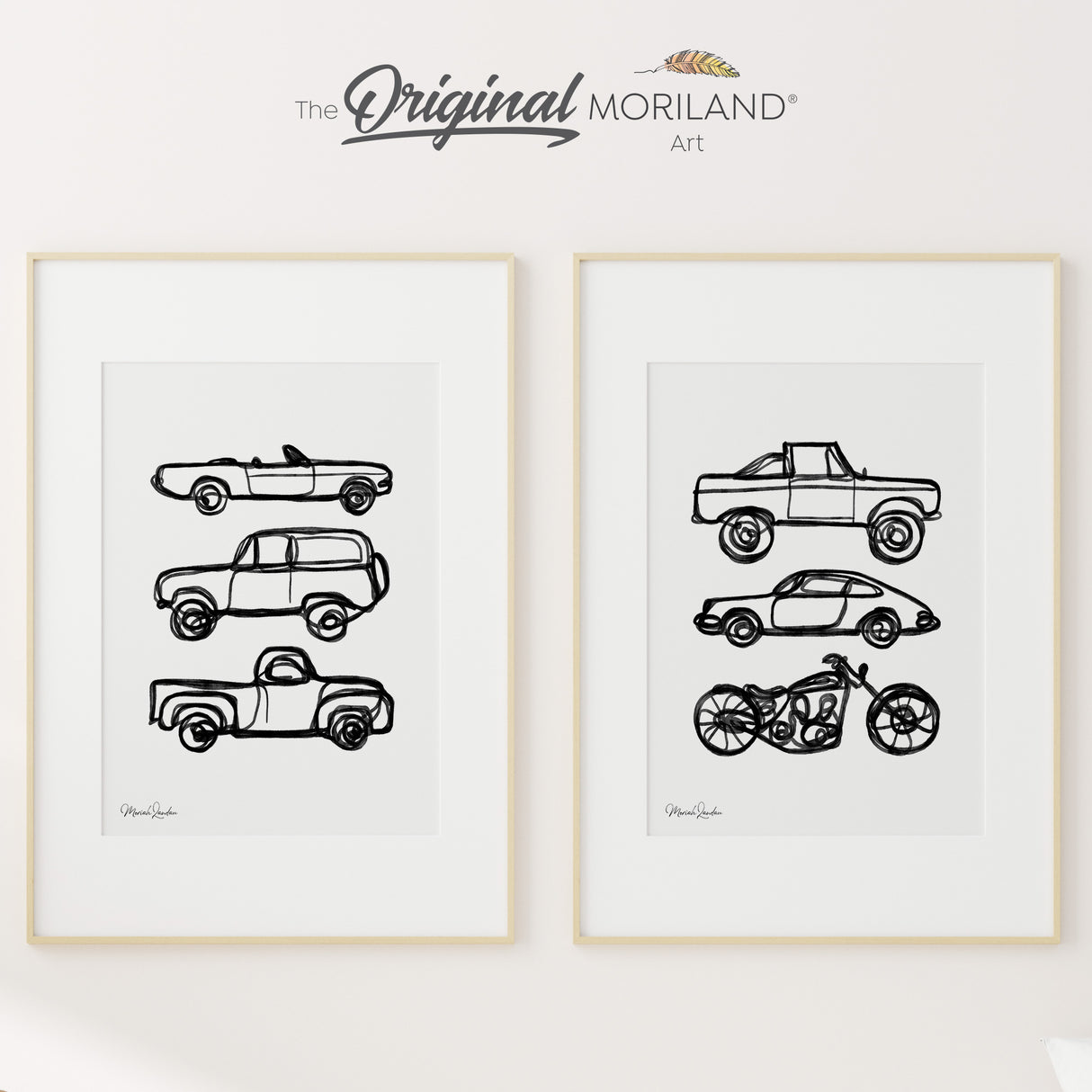 Vehicles Doodle Printable Set of 2 | Vertical, Black and White, Minimalist Art, Boy Nursery Prints, Vintage Motorcycle - by MORILAND®