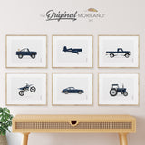 Navy Blue Vehicle Art Prints - Printable Set of 6 - Classic Ford Bronco Truck with Labrador Retriever Dog, Dirt Bike