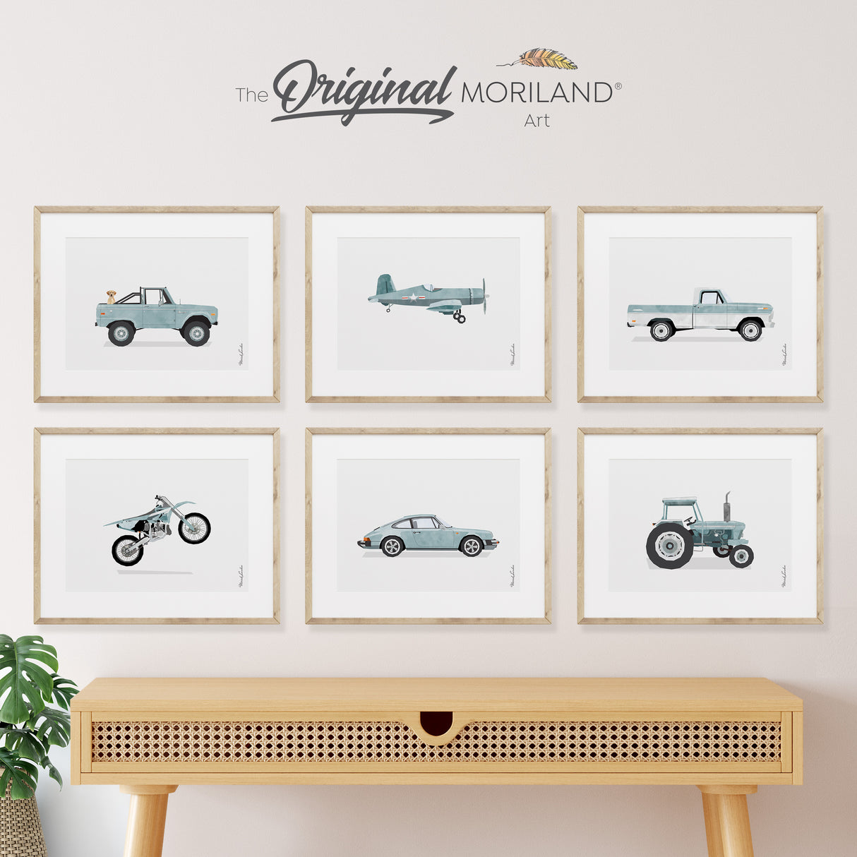 Pale Blue Vehicle Art Prints - Printable Set of 6, Labrador Retriever Dog, Classic Ford Ranger Truck, Dirt Bike, Porsche 911, Vintage Tractor for boy nursery decor