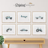 Pale Blue Vehicle Art Prints - Printable Set of 6, Labrador Retriever Dog, Classic Ford Ranger Truck, Dirt Bike, Porsche 911, Vintage Tractor for boy nursery decor