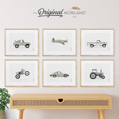 Sage Green Color Bronco Truck with Labrador Retriever, Porsche 911, Dirt Bike, For Pickup Truck, Vintage Plane Wall Art Printable Prints for Boy Nursery Décor, Big Boy Room Poster, Sage Green Room Ideas, Affordable Gift for Kids, by MORILAND