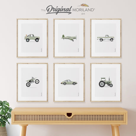 Sage Green Vehicle Art Prints | Vertical - Printable Set of 6, nursery decor