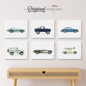 A 6-piece collection of classic car canvas wall art prints, ideal for an American home office, garage, or man cave.