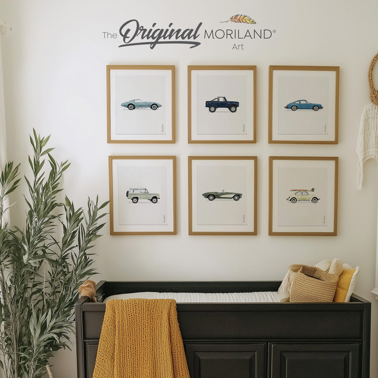 Set of 6 printable classic car art prints, vertical orientation, featuring vintage car designs perfect for home or office décor. Porsche 911, 1976 Chevrolet corvette stingray, Ford Bronco, VW Bug,  Vintage Chevrolet Corvette.