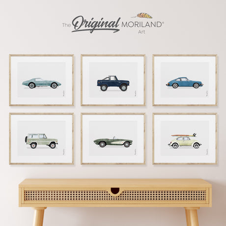 Classic Cars Art Prints - Printable Set of 6, Chevrolet Corvette, Bronco, VW Beetle Bug, Porsche 911,  Boy Wall Decor, Transportation Poster, Boy Nursery Wall Art, Surf, Back to School Gift, Old Truck Print, Car Prints, Classic Sports Car Print, Printable Art, Kids Poster, Classroom Decor Ideas | by MORILAND