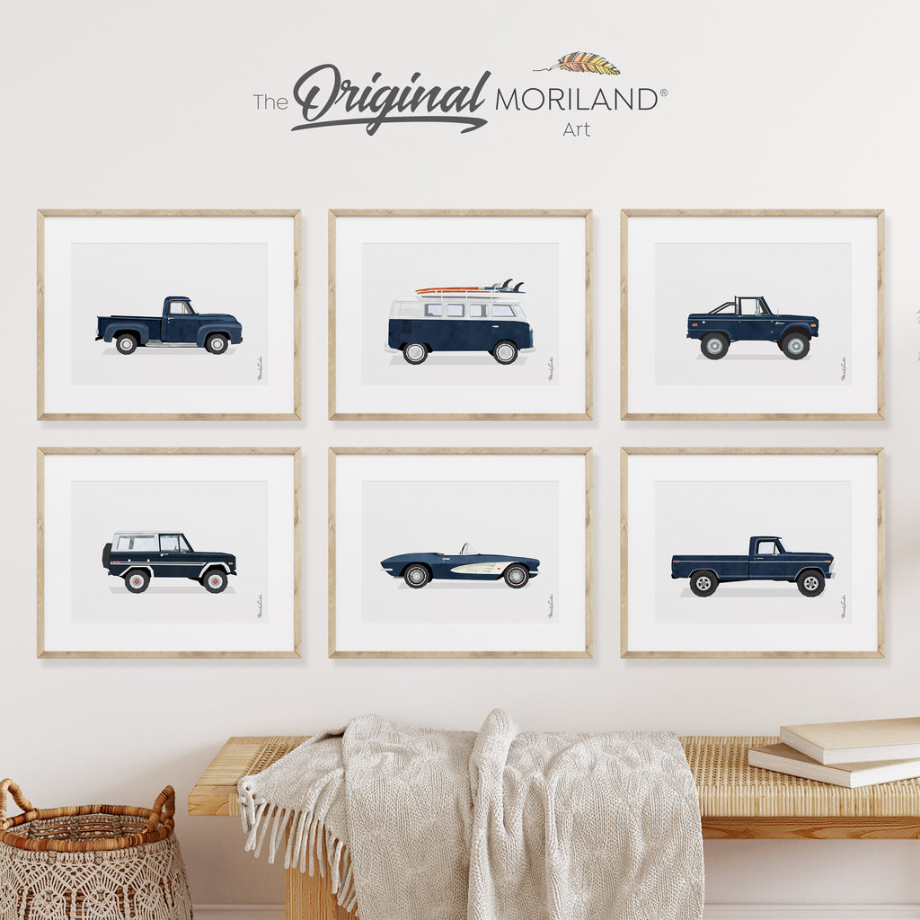 Navy Blue Classic Car Art Prints - Bronco, VW Van with Surfboards, Ford Old Truck, Ford Ranger Truck, Chevrolet Corvette Convertible, Printable Set of 6