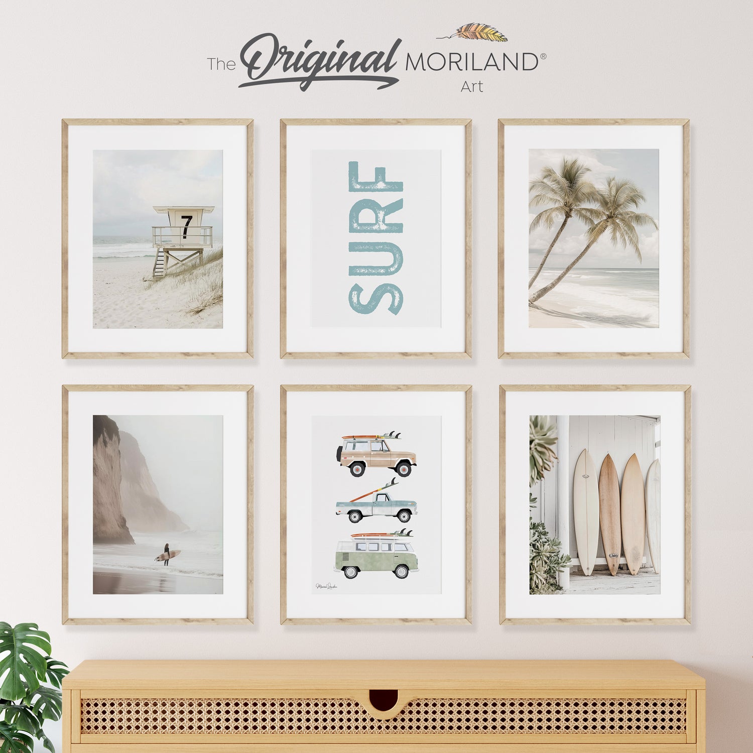 Set of 6 Retro Surf Wall Art Prints featuring classic cars with surfboards, SURF sign, lifeguard tower, surfboards in a beach house, and palm trees – Digital Download for Beach & Surf Décor. by MORILAND