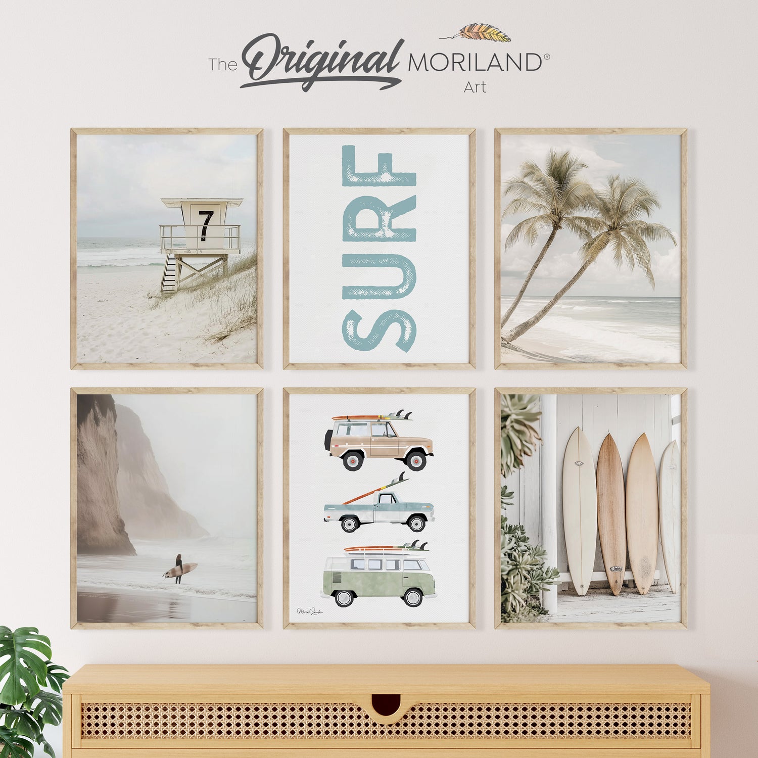 Set of 6 Retro Surf Wall Art Prints featuring classic cars with surfboards, SURF sign, lifeguard tower, surfboards in a beach house, and palm trees – Digital Download for Beach & Surf Décor. by MORILAND