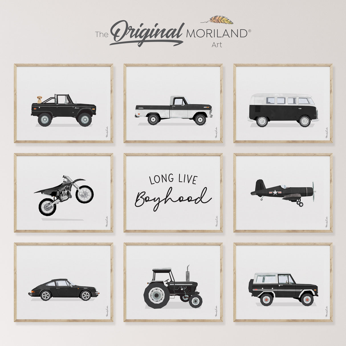 Printable set of 9 Black Classic Cars and 'Long Live Boyhood' quote, perfect for boys' rooms, nurseries, or grandson gifts.