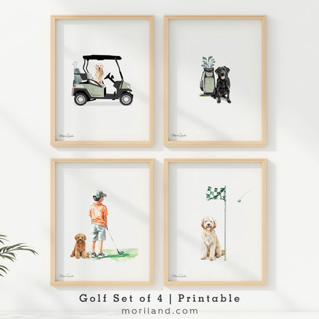 Golf-themed digital art with golden retriever, cavapoo, labradoodle, and black labrador