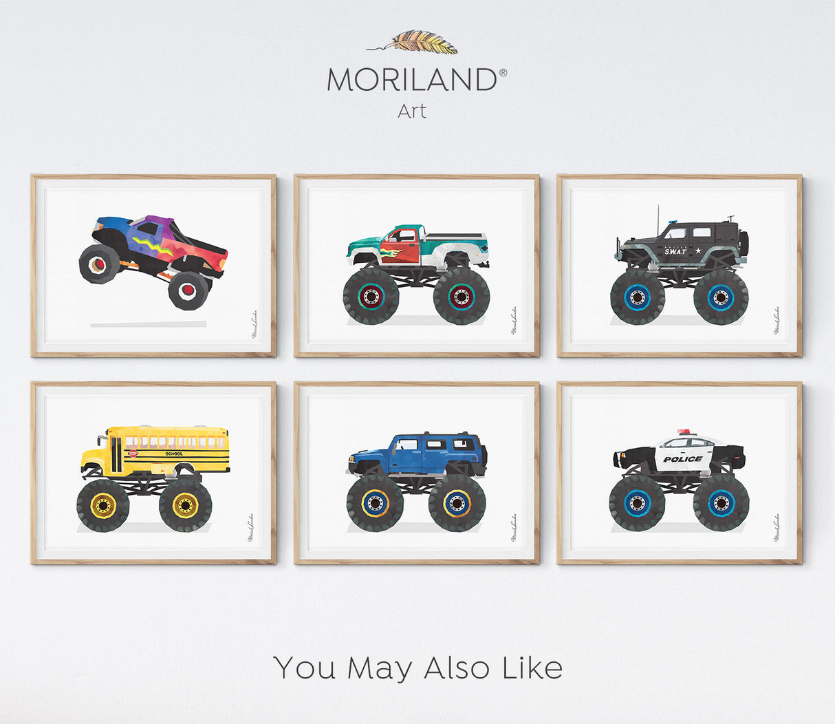 monster trucks art for boy room decor