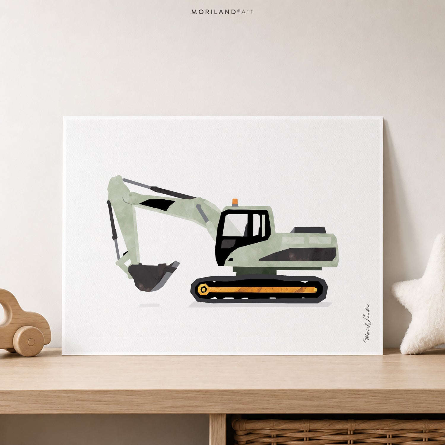 Sage Green Excavator Fine Art Paper Print for Construction Boys Room