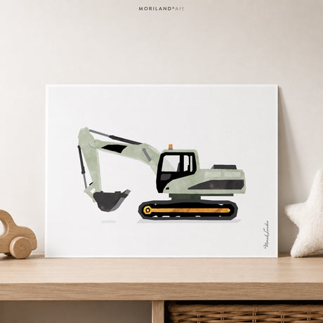 Sage Green Excavator Fine Art Paper Print for Construction Boys Room