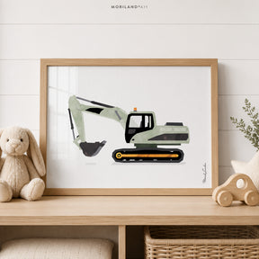 Sage green excavator fine art paper print for boys construction room decor