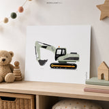 Sage Green Excavator Fine Art Paper Print for Construction Boys Room