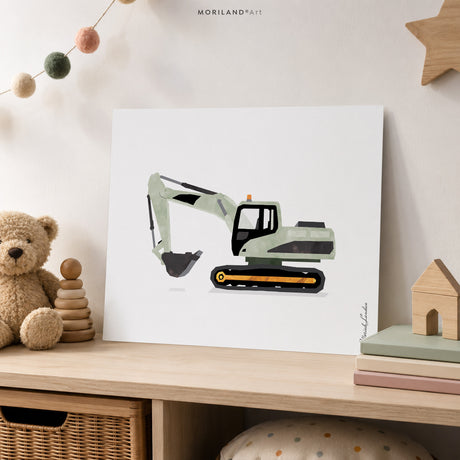 Sage Green Excavator Fine Art Paper Print for Construction Boys Room