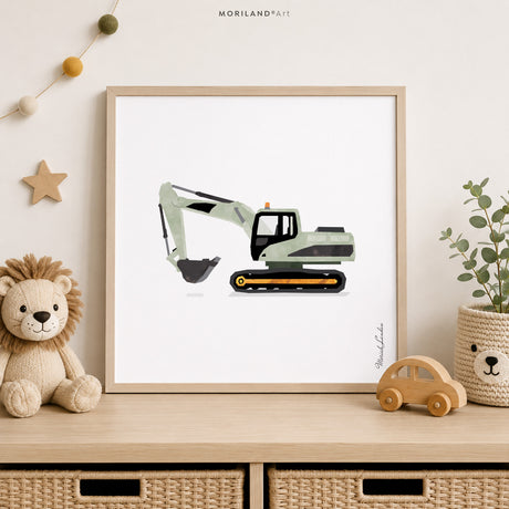Sage Green Excavator Fine Art Paper Print for Construction Boys Room