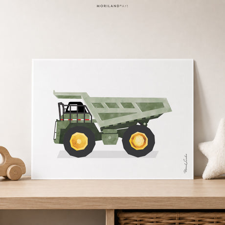 Sage Green Dump Truck Fine Art Paper Print for Boys Construction Room