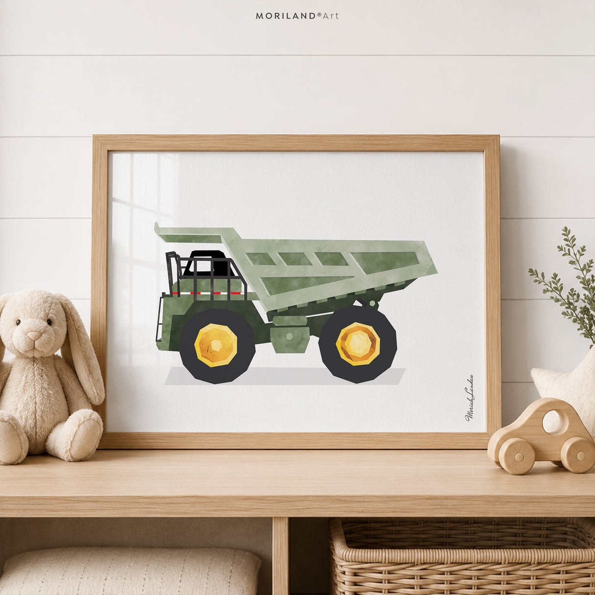 Sage green dump truck fine art paper print for boys room construction wall decor