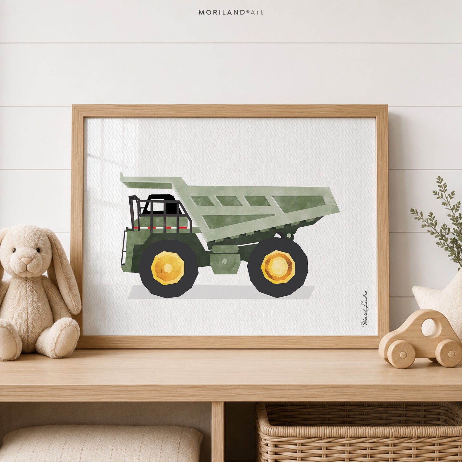 Sage green dump truck fine art paper print for boys room construction wall decor