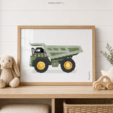 Sage green dump truck fine art paper print for boys room construction wall decor