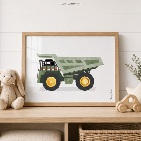 Sage green dump truck fine art paper print for boys room construction wall decor