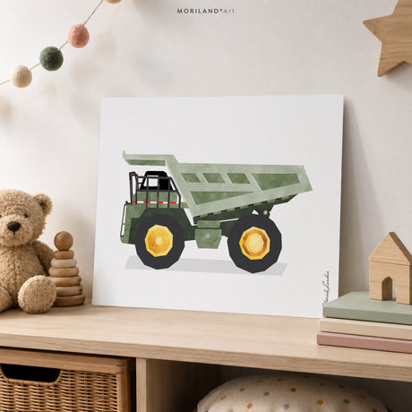 Sage Green Dump Truck Fine Art Paper Print for Boys Construction Room