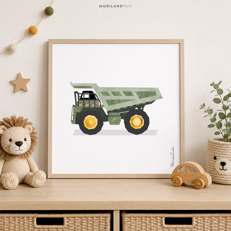 Sage Green Dump Truck Fine Art Paper Print for Boys Construction Room