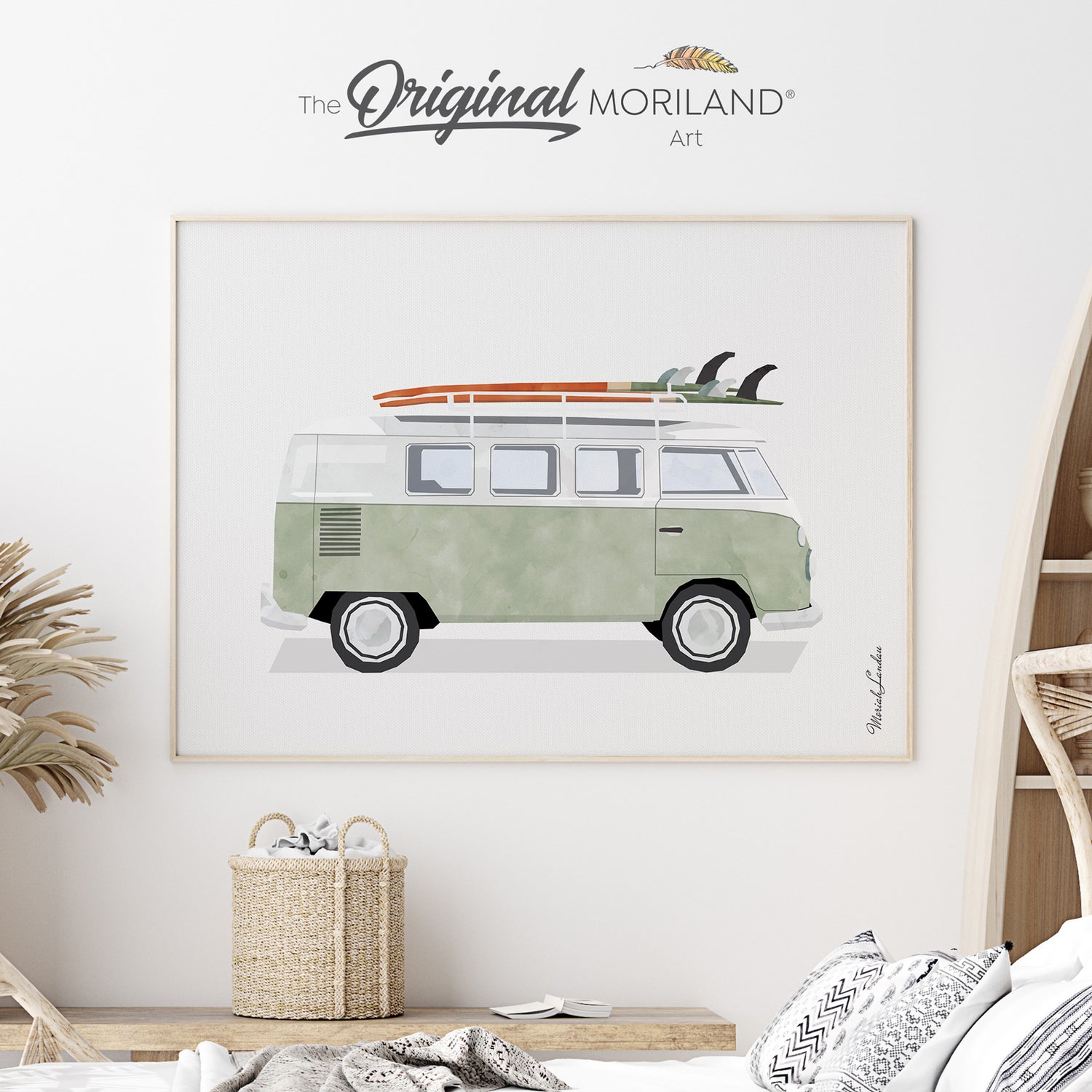 Sage Green Van with Surfboard Fine Art Paper Print