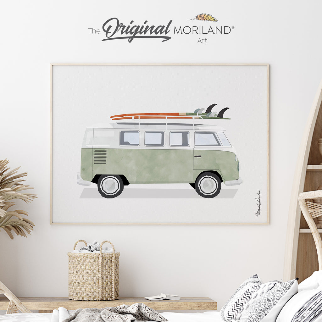 Sage Green VW Van Bus with Surfboards Fine Art Paper Print