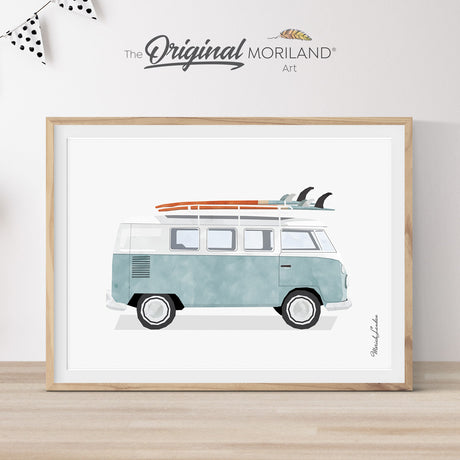 Pale Blue Van with Surfboard Print - Printable Art, surf art, surf poster, boys room decor, surf print, beach nursery decor, surf nursery, surf nursery decor, kids room wall art, nautical nursery, nursery prints | MORILAND