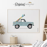 Pale Blue Classic Ford Bronco Pickup Truck with Surfboards Fine Art Paper Print